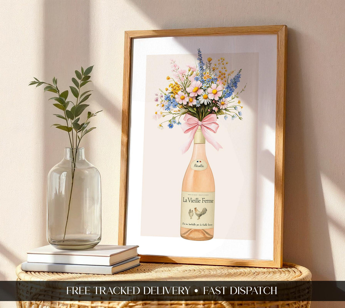 Wine Bottle With Flowers Wall Art Print, Chicken Wine Print, La Vieille Ferme and Flowers Illustration, Modern Cottage Kitchen Poster