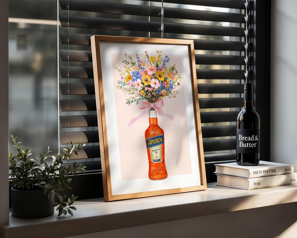 Aperol Bottle with Flowers Wall Art Print, Retro Italian Kitchen Poster, Aperol Spritz Bottles Flower Wall Decor, Gift for Her