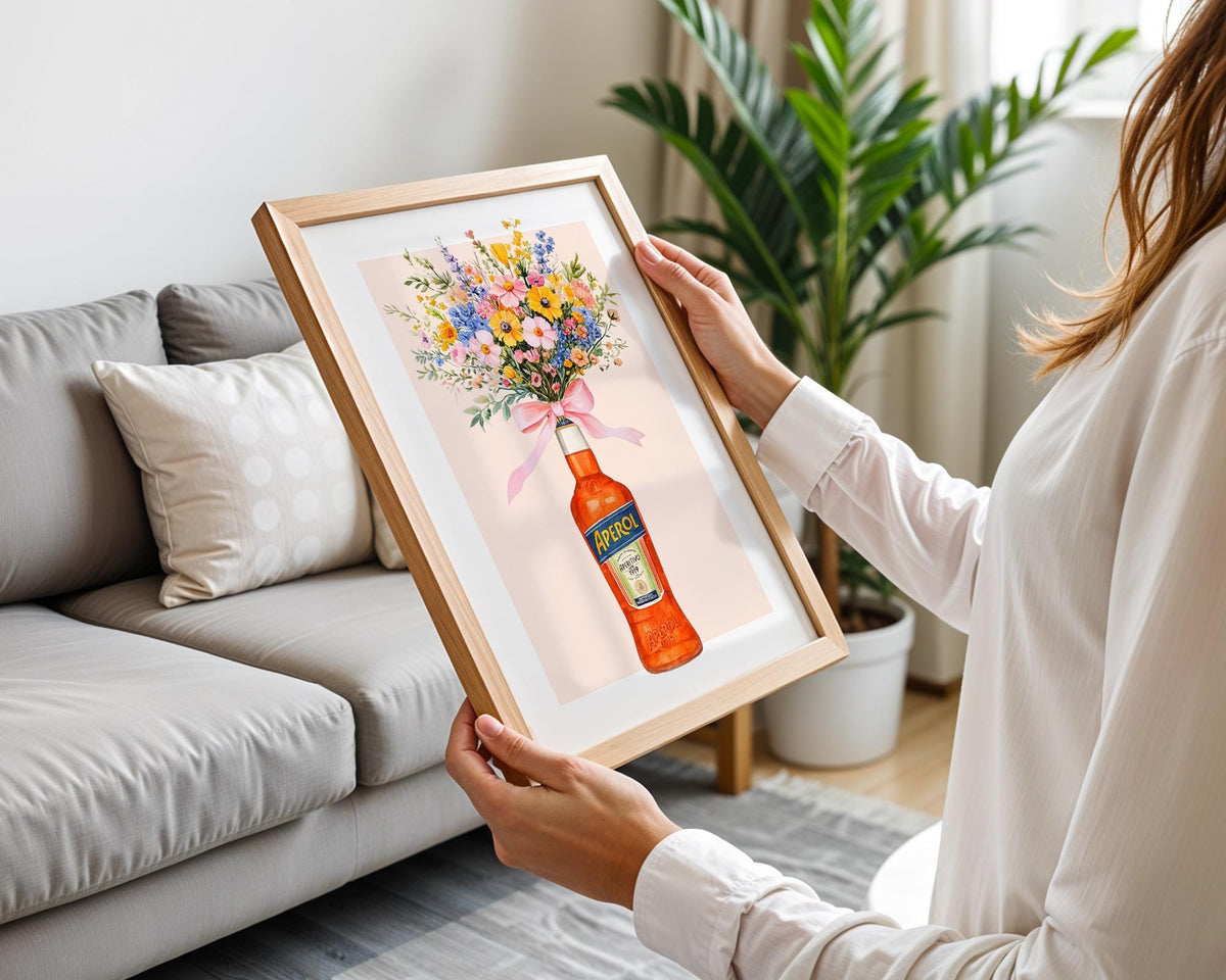 Aperol Bottle with Flowers Wall Art Print, Retro Italian Kitchen Poster, Aperol Spritz Bottles Flower Wall Decor, Gift for Her