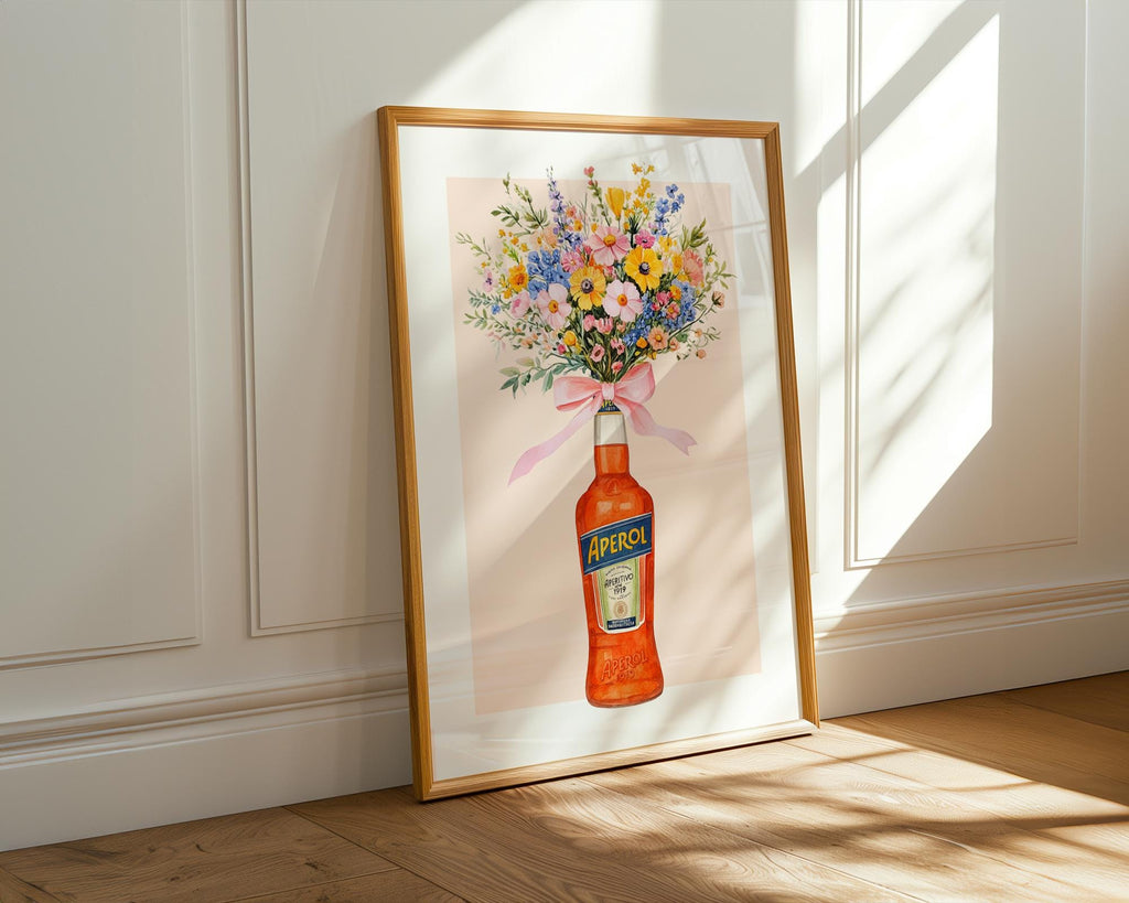 Aperol Bottle with Flowers Wall Art Print, Retro Italian Kitchen Poster, Aperol Spritz Bottles Flower Wall Decor, Gift for Her