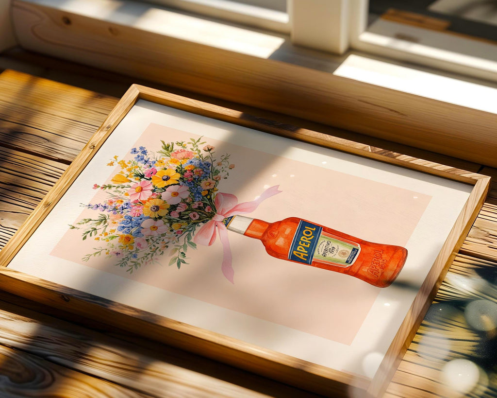 Aperol Bottle with Flowers Wall Art Print, Retro Italian Kitchen Poster, Aperol Spritz Bottles Flower Wall Decor, Gift for Her