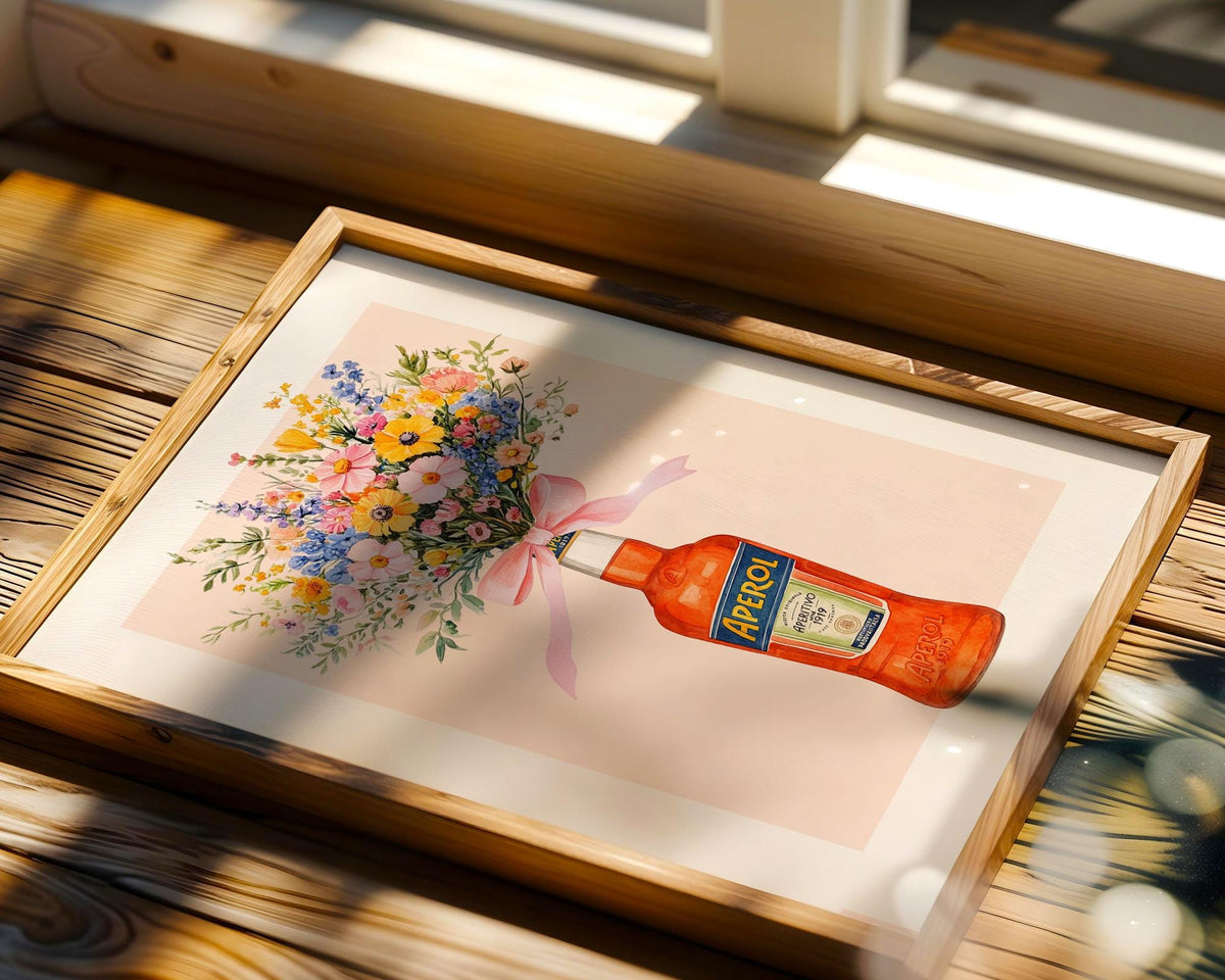 Aperol Bottle with Flowers Wall Art Print, Retro Italian Kitchen Poster, Aperol Spritz Bottles Flower Wall Decor, Gift for Her