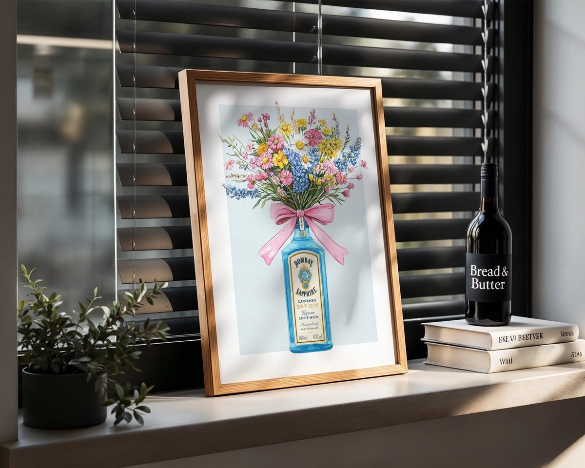 Gin Bottle with Flower Bouquet Wall Art Print, Bombay Sapphire Poster, Cottage Garden Floral Wall Art, Kitchen Prints For Walls