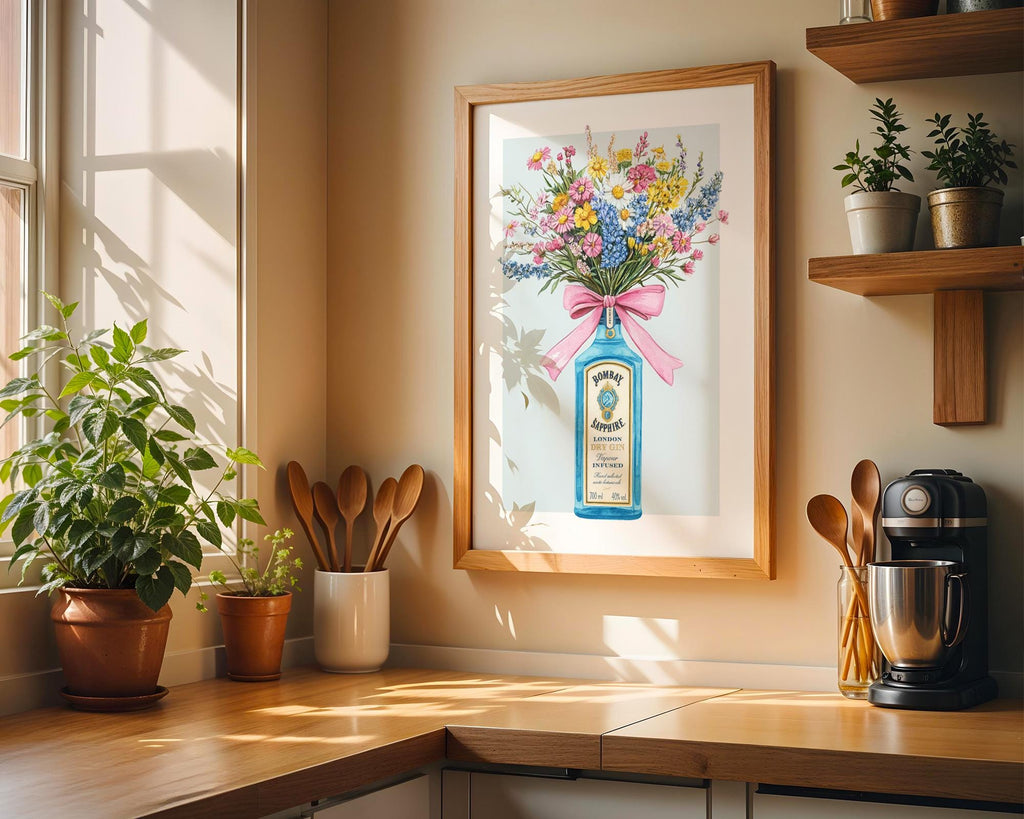 Gin Bottle with Flower Bouquet Wall Art Print, Bombay Sapphire Poster, Cottage Garden Floral Wall Art, Kitchen Prints For Walls