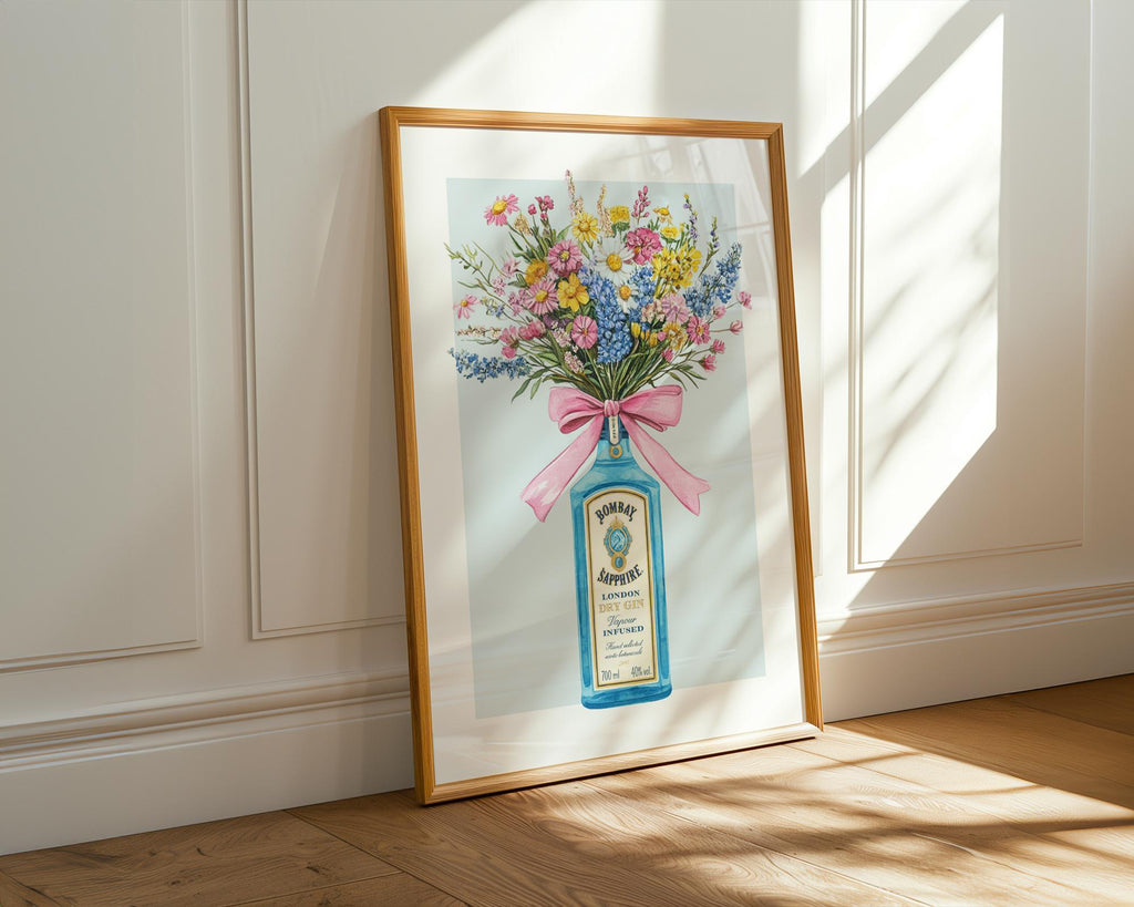 Gin Bottle with Flower Bouquet Wall Art Print, Bombay Sapphire Poster, Cottage Garden Floral Wall Art, Kitchen Prints For Walls