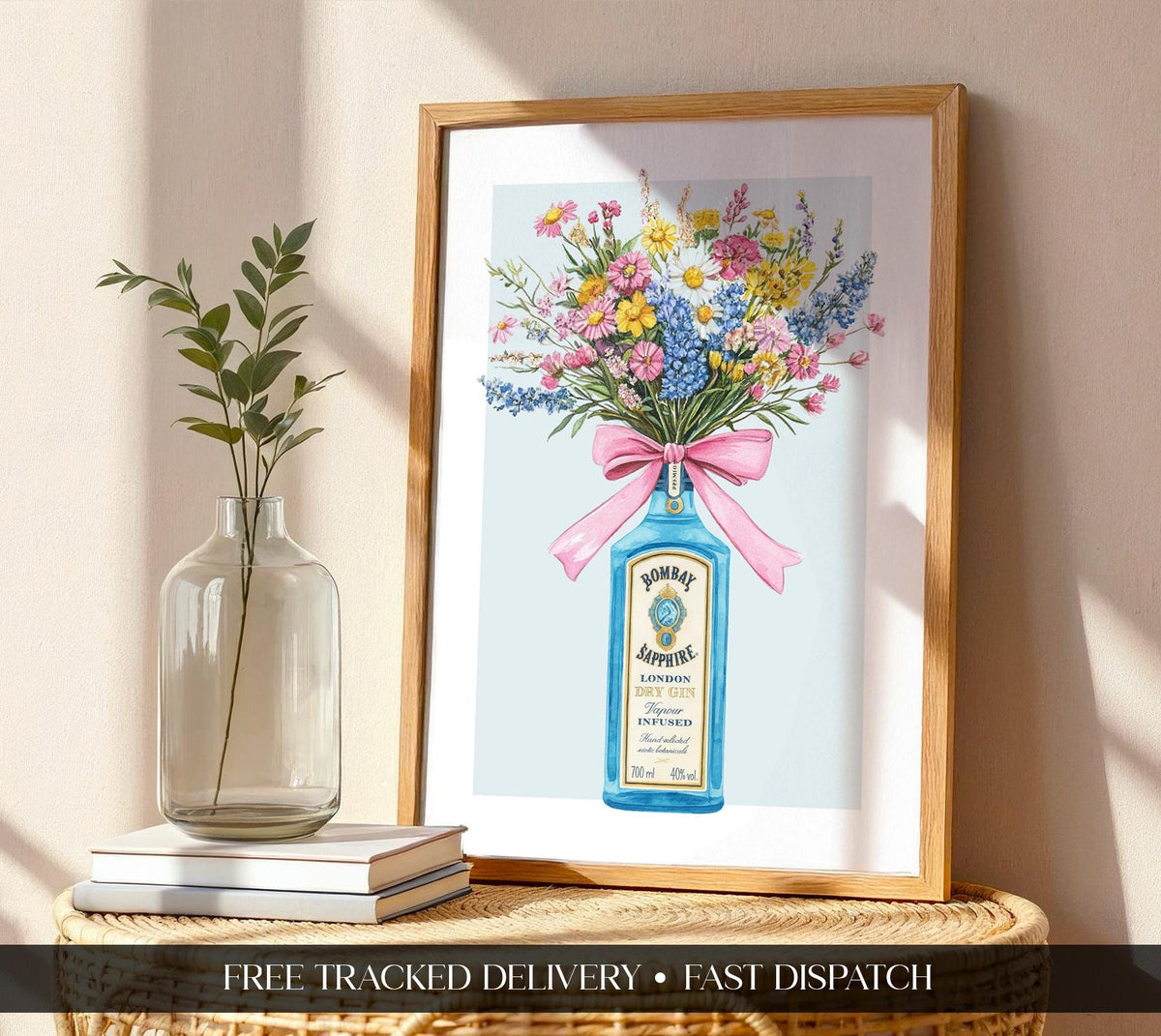 Gin Bottle with Flower Bouquet Wall Art Print, Bombay Sapphire Poster, Cottage Garden Floral Wall Art, Kitchen Prints For Walls