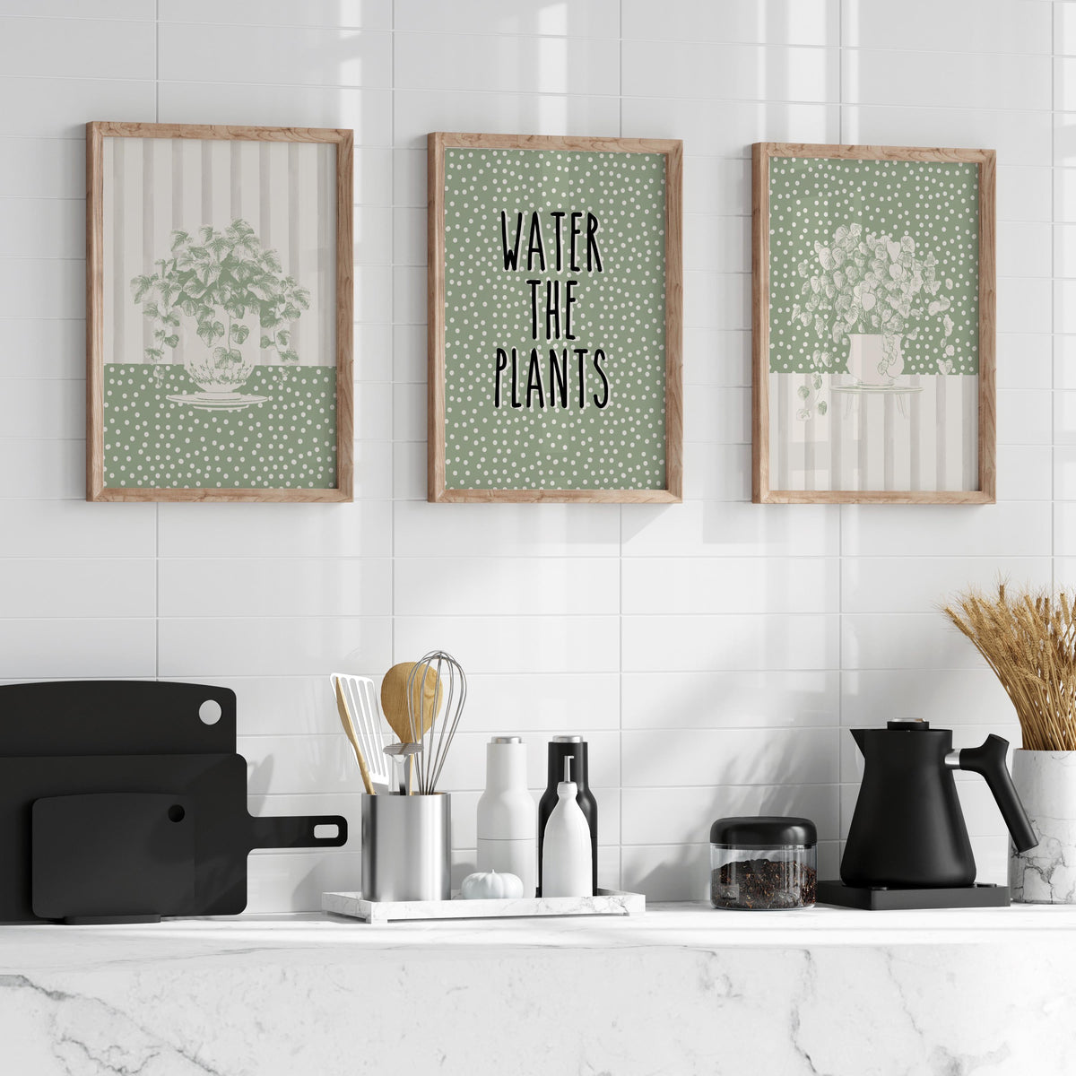 Sage Wall Art Set of 3 Botanical Prints, Water The Plants Wall Art Bundle, Green Boho Abstract Plants Wall Decor Poster, Above Sofa Prints