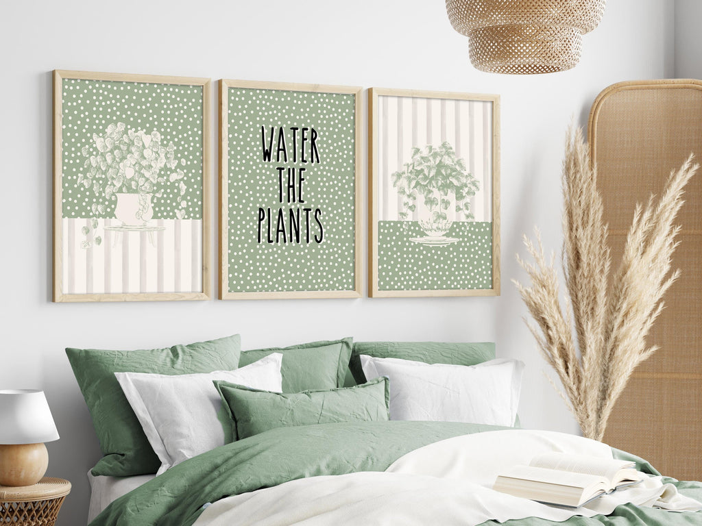 Sage Wall Art Set of 3 Botanical Prints, Water The Plants Wall Art Bundle, Green Boho Abstract Plants Wall Decor Poster, Above Sofa Prints