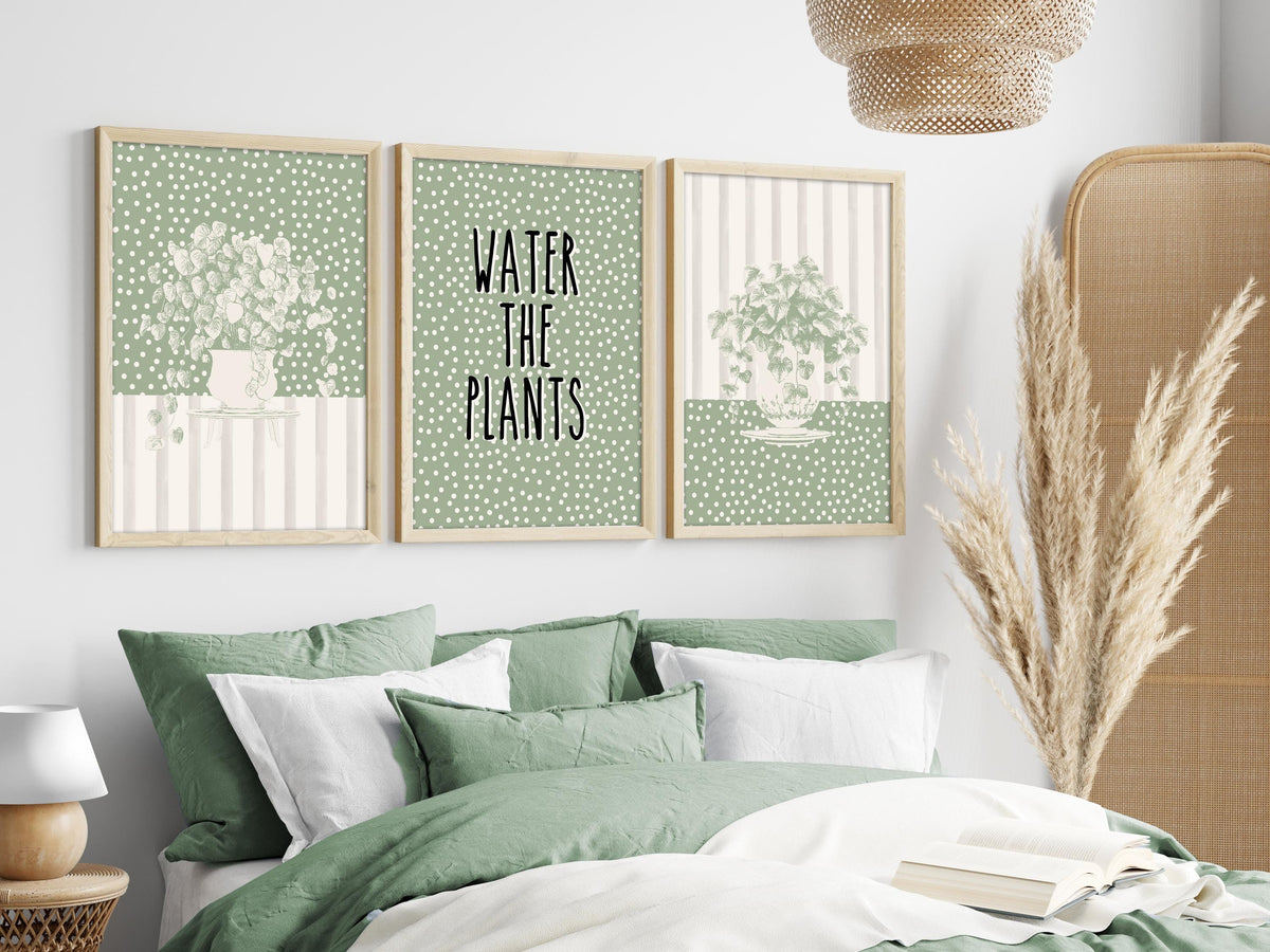 Sage Wall Art Set of 3 Botanical Prints, Water The Plants Wall Art Bundle, Green Boho Abstract Plants Wall Decor Poster, Above Sofa Prints