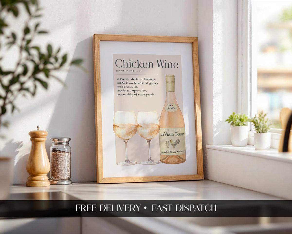 Chicken Wine Definition Print, Modern Kitchen Typography Poster, Girly Illustration, Girls Night Ideas, Funny Typography Wall Art