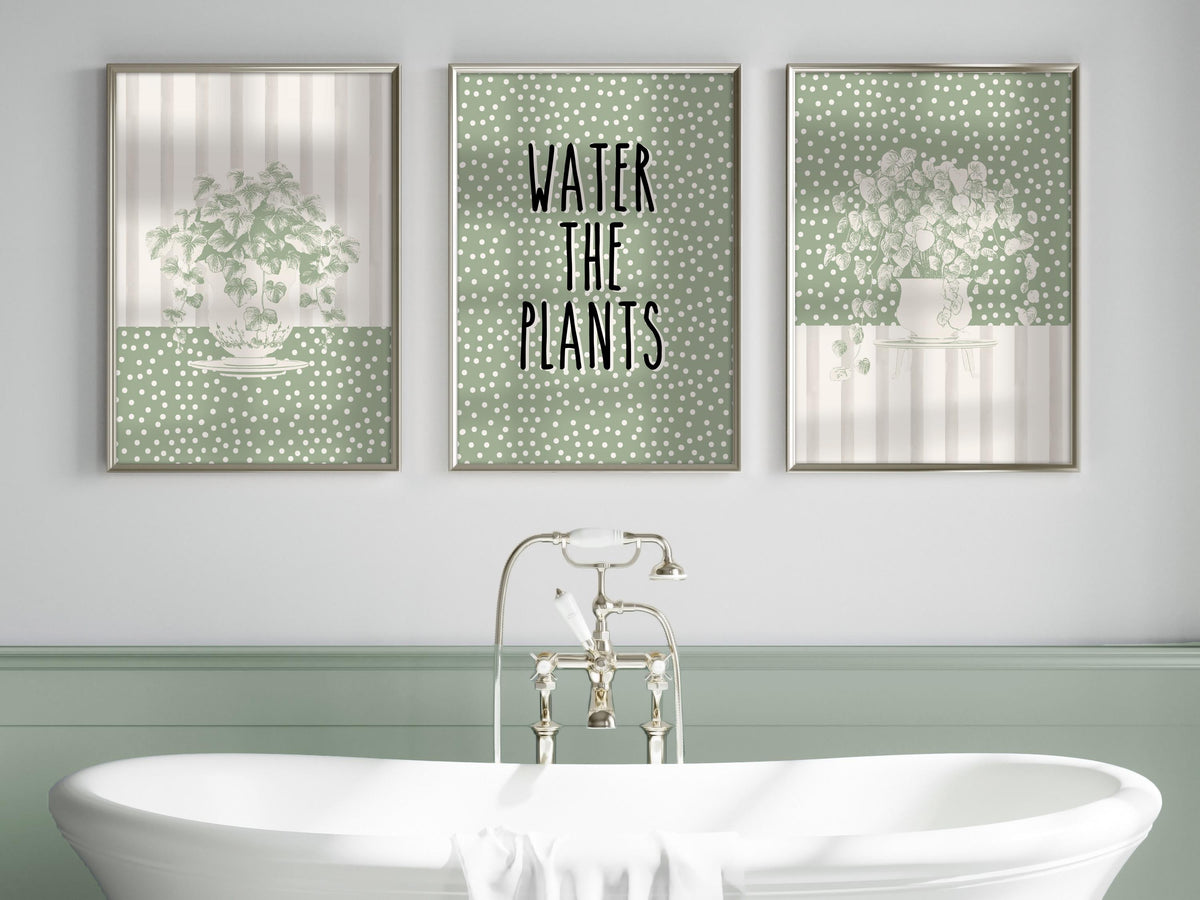 Sage Wall Art Set of 3 Botanical Prints, Water The Plants Wall Art Bundle, Green Boho Abstract Plants Wall Decor Poster, Above Sofa Prints