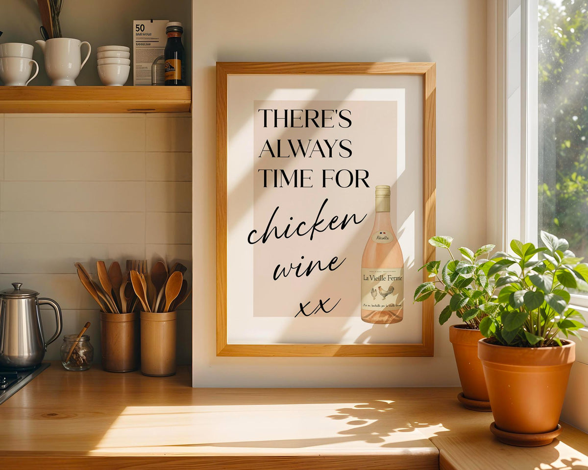 Chicken Wine Print, Typography Poster, Funny Wine Gifts, Wine Print Wall Art, Funny Kitchen Wall Print, Humorous Poster For Bar, A5 A4 A3
