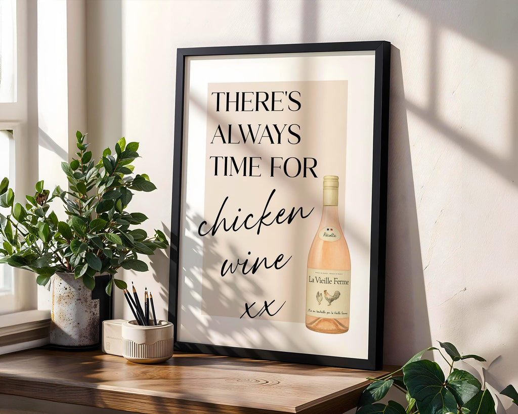Chicken Wine Print, Typography Poster, Funny Wine Gifts, Wine Print Wall Art, Funny Kitchen Wall Print, Humorous Poster For Bar, A5 A4 A3