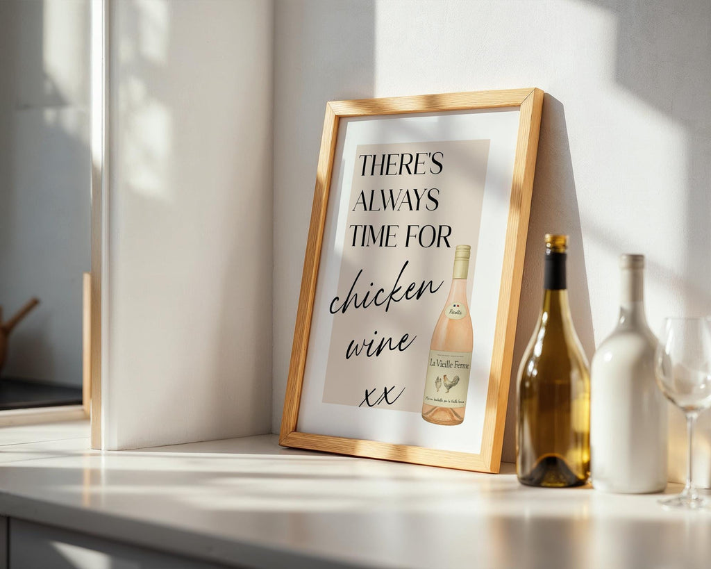 Chicken Wine Print, Typography Poster, Funny Wine Gifts, Wine Print Wall Art, Funny Kitchen Wall Print, Humorous Poster For Bar, A5 A4 A3