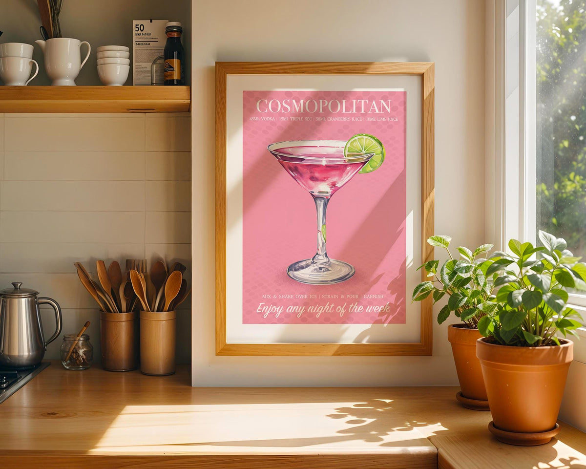 Cosmopolitan Cocktail Print, Cocktail Posters For Room, Cosmo Drinks Print, Cocktail Recipe Poster, Wall Art For Bar Cart