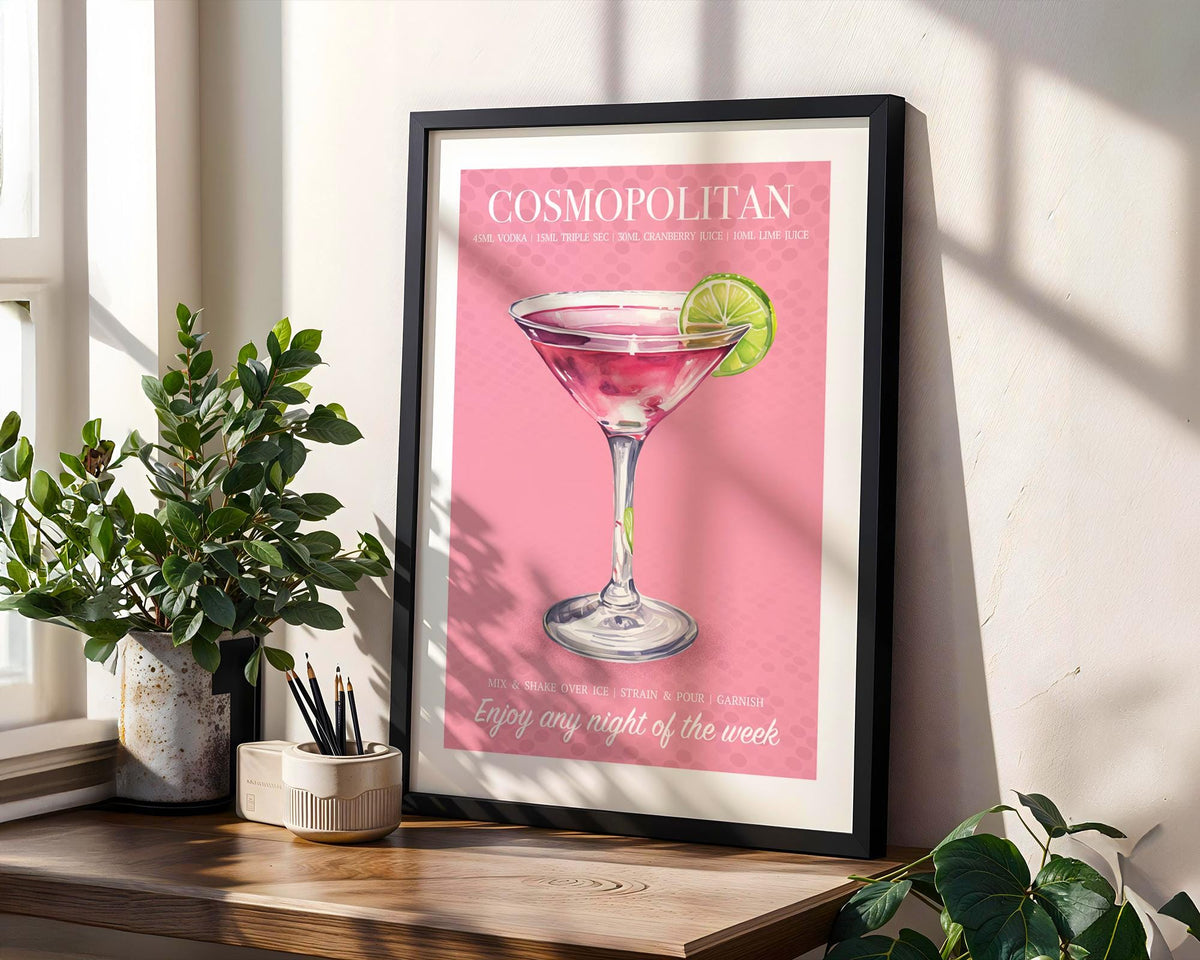 Cosmopolitan Cocktail Print, Cocktail Posters For Room, Cosmo Drinks Print, Cocktail Recipe Poster, Wall Art For Bar Cart