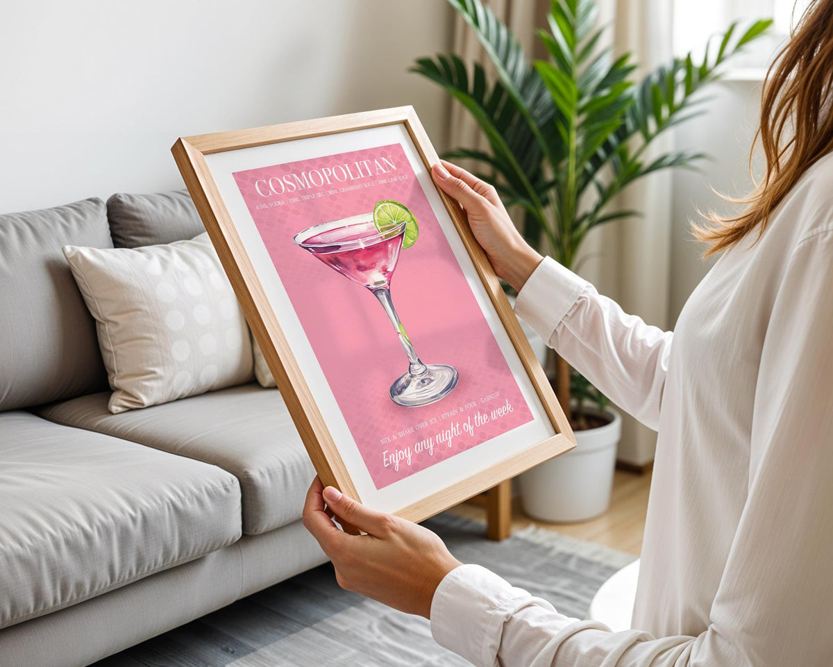 Cosmopolitan Cocktail Print, Cocktail Posters For Room, Cosmo Drinks Print, Cocktail Recipe Poster, Wall Art For Bar Cart