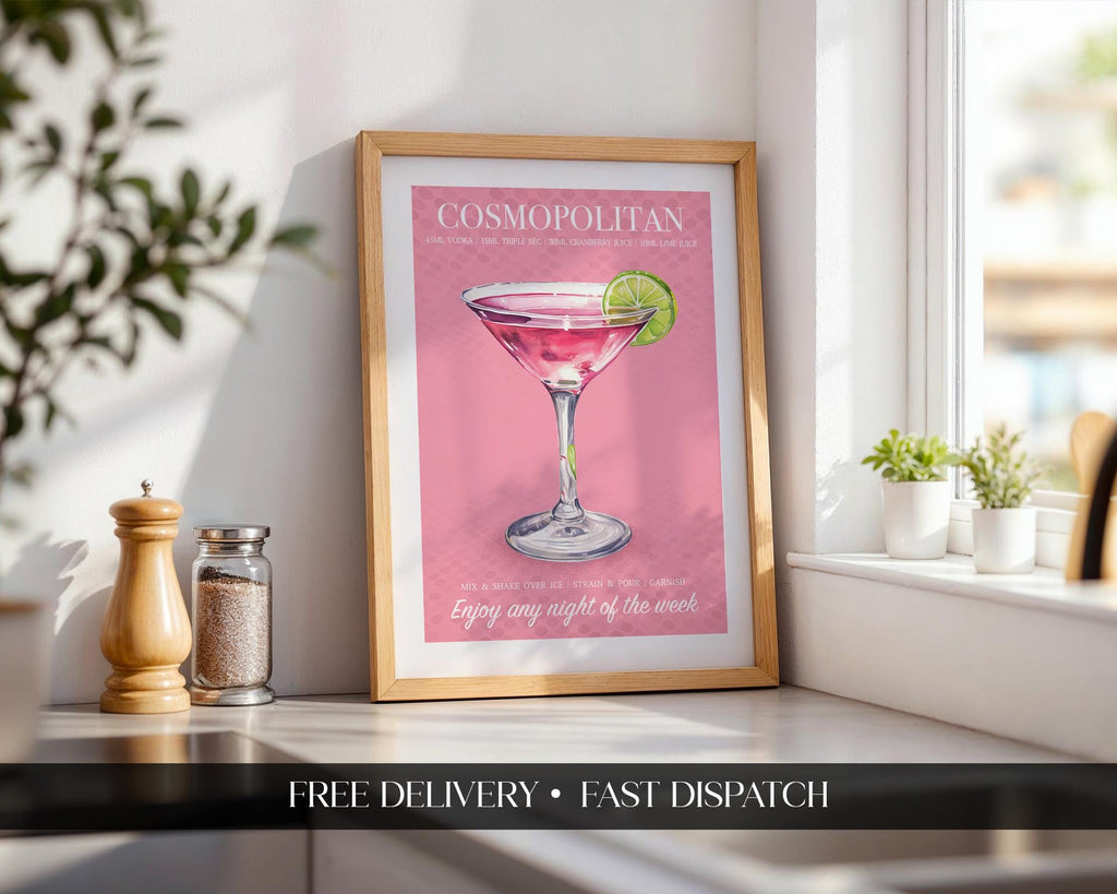 Cosmopolitan Cocktail Print, Cocktail Posters For Room, Cosmo Drinks Print, Cocktail Recipe Poster, Wall Art For Bar Cart