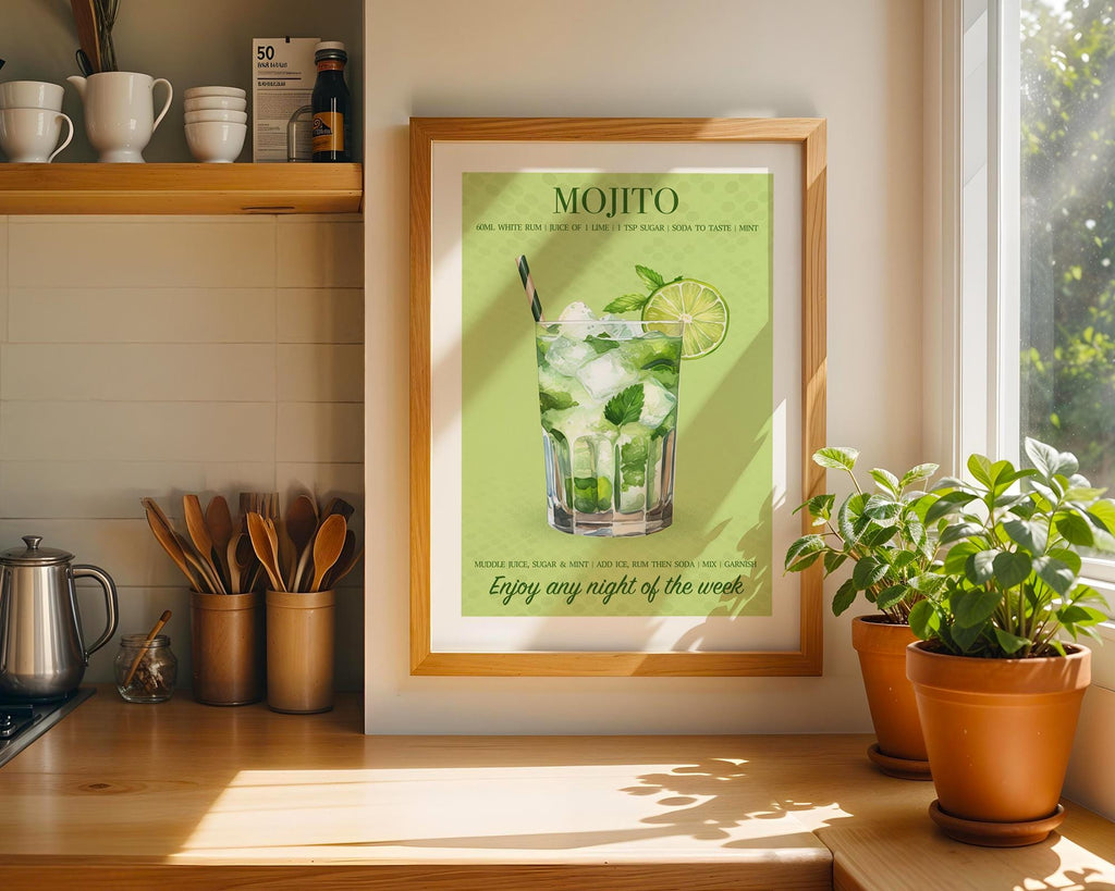 Mojito Cocktail Print, Mojito Cocktail Poster For Home Bar, Cocktail Wall Art For Kitchen, Poster Set Custom, Cocktail Recipe Art Print