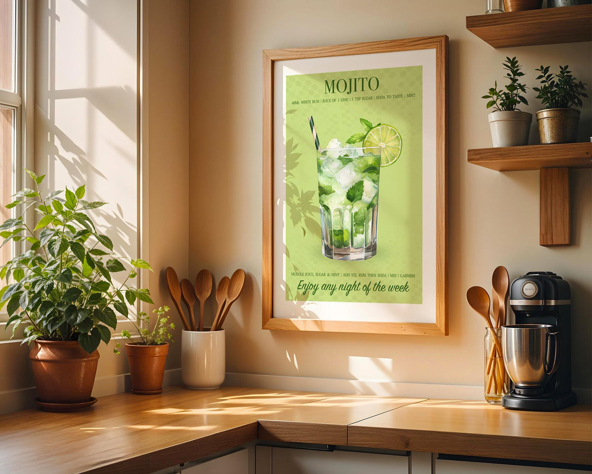 Mojito Cocktail Print, Mojito Cocktail Poster For Home Bar, Cocktail Wall Art For Kitchen, Poster Set Custom, Cocktail Recipe Art Print