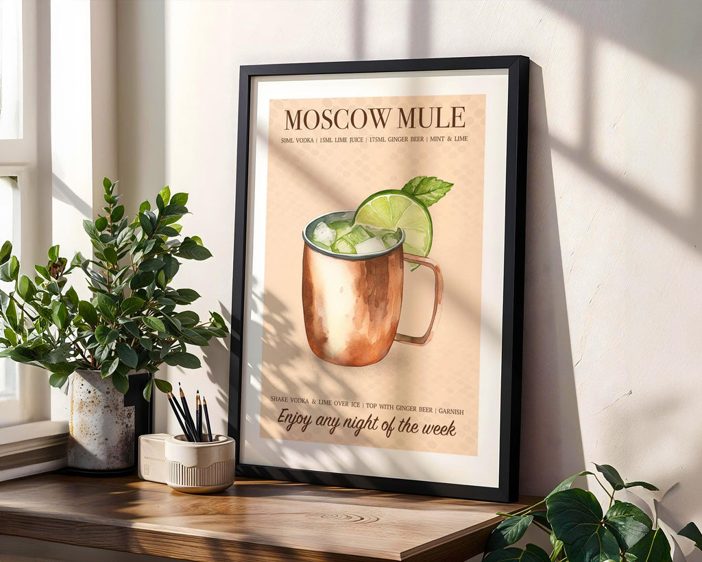 Moscow Mule Print: Retro Bar Cart Posters, Cocktail Recipe Poster, Vodka Gift Ideas, Cocktail Wall Art Set Of 6, Cocktail Decor For Walls
