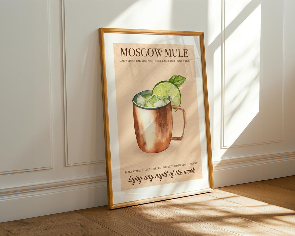 Moscow Mule Print: Retro Bar Cart Posters, Cocktail Recipe Poster, Vodka Gift Ideas, Cocktail Wall Art Set Of 6, Cocktail Decor For Walls