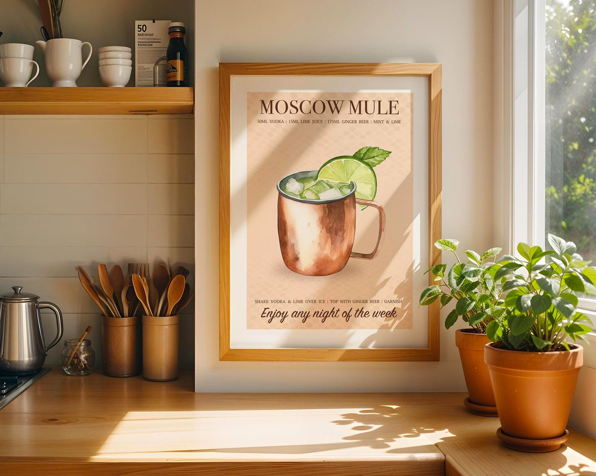 Moscow Mule Print: Retro Bar Cart Posters, Cocktail Recipe Poster, Vodka Gift Ideas, Cocktail Wall Art Set Of 6, Cocktail Decor For Walls