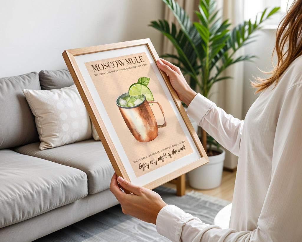 Moscow Mule Print: Retro Bar Cart Posters, Cocktail Recipe Poster, Vodka Gift Ideas, Cocktail Wall Art Set Of 6, Cocktail Decor For Walls