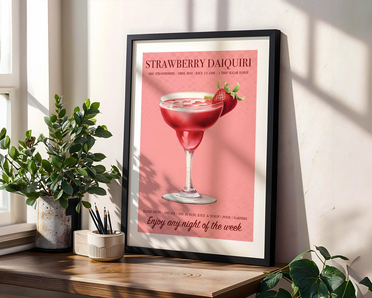 Strawberry Daiquiri Print, Strawberry Wall Art For Kitchen, Cocktail Recipe Poster, Strawberry Home Decor, Cocktail Gifts For Her