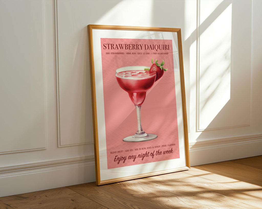 Strawberry Daiquiri Print, Strawberry Wall Art For Kitchen, Cocktail Recipe Poster, Strawberry Home Decor, Cocktail Gifts For Her