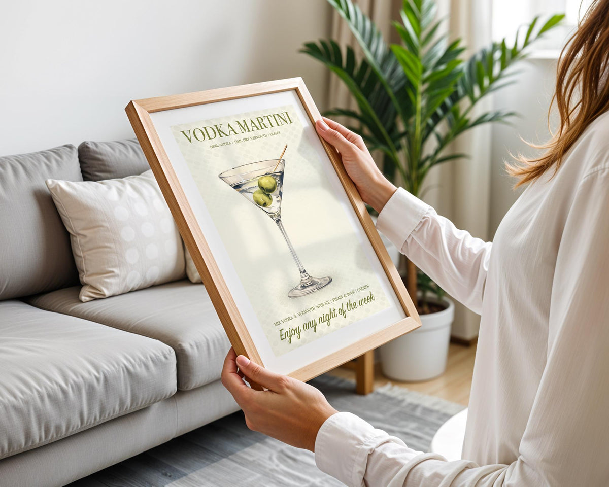 Vodka Martini Poster: Dirty Martini Wall Decor, Illustrated Cocktail Poster, Dirty Martini Gifts For Her, Cocktail Art For Home Bar