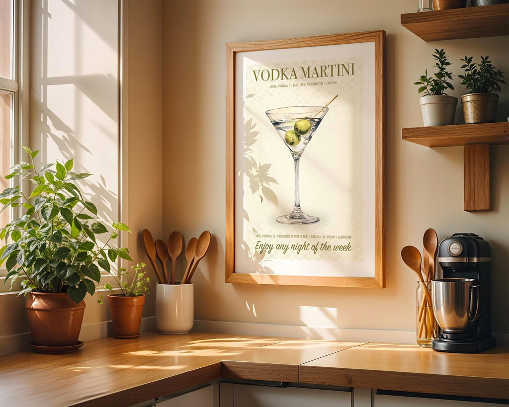 Vodka Martini Poster: Dirty Martini Wall Decor, Illustrated Cocktail Poster, Dirty Martini Gifts For Her, Cocktail Art For Home Bar