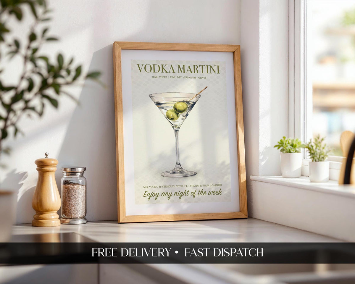 Vodka Martini Poster: Dirty Martini Wall Decor, Illustrated Cocktail Poster, Dirty Martini Gifts For Her, Cocktail Art For Home Bar