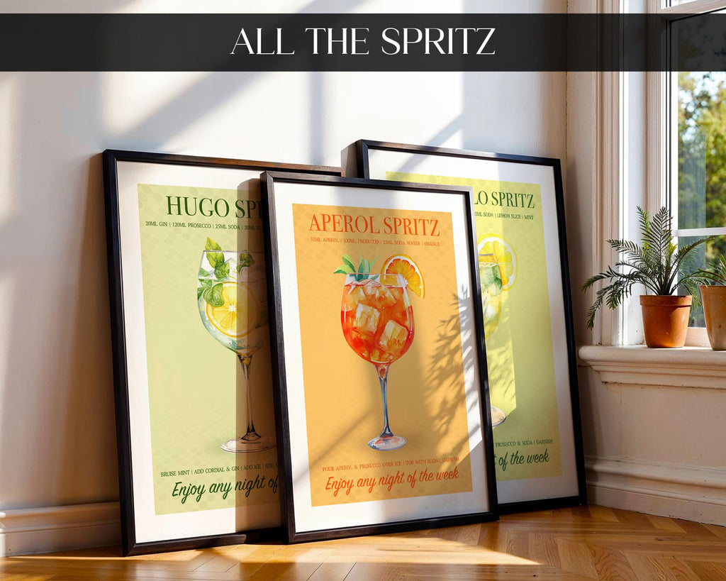 Aperol Spritz Print, Cocktail Kitchen Poster Set, Bar Cart Decor, Cocktail Recipe Prints For A Home Bar, Aperol Spritz Gifts For Her, A4, A5