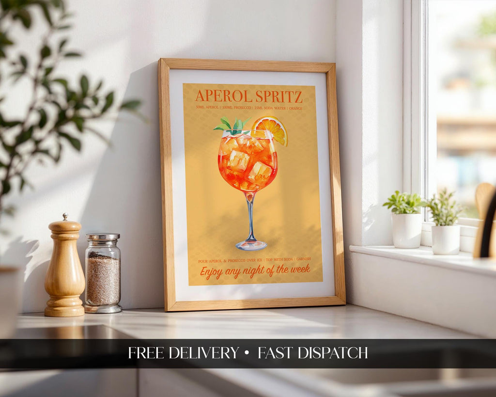 Aperol Spritz Print, Cocktail Kitchen Poster Set, Bar Cart Decor, Cocktail Recipe Prints For A Home Bar, Aperol Spritz Gifts For Her, A4, A5
