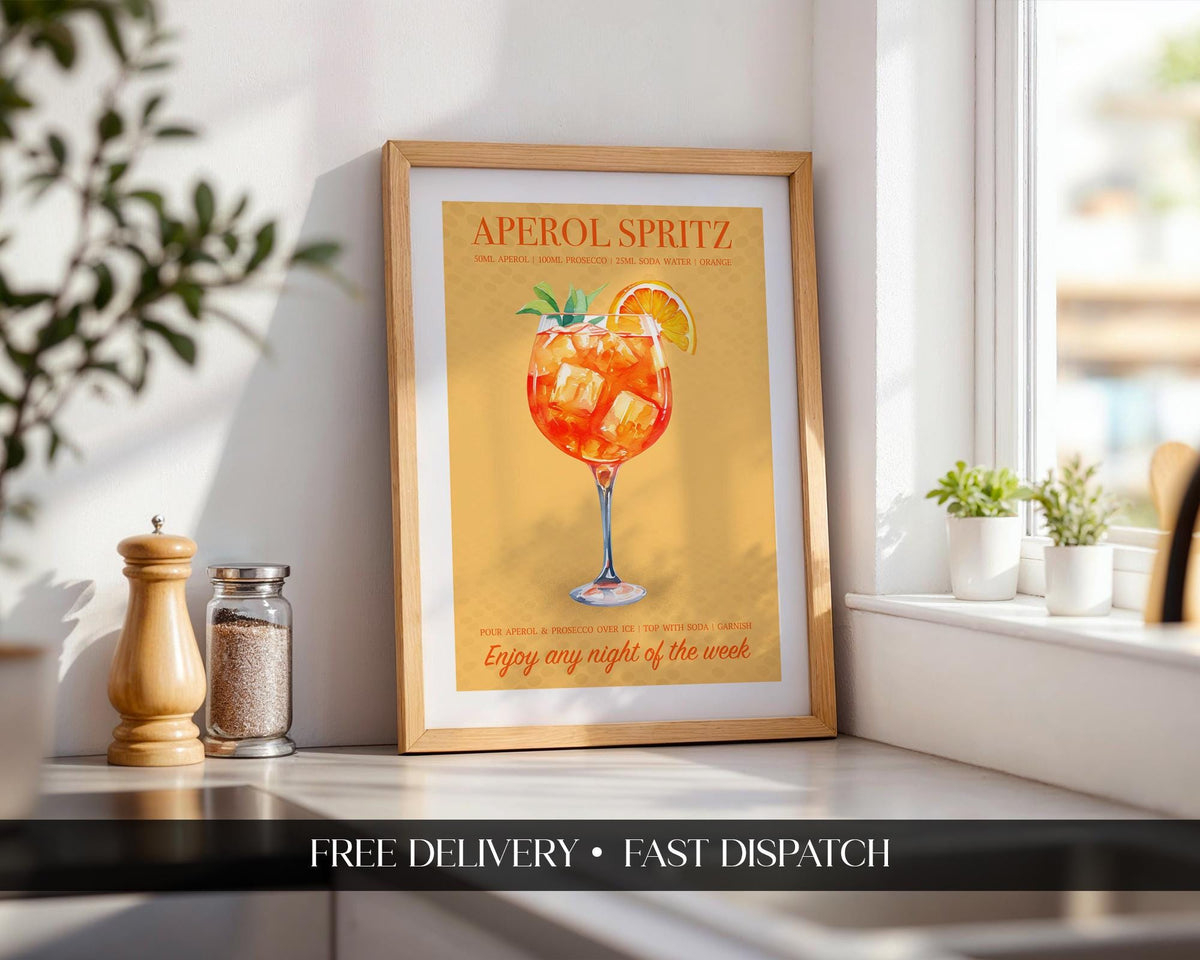 Aperol Spritz Print, Cocktail Kitchen Poster Set, Bar Cart Decor, Cocktail Recipe Prints For A Home Bar, Aperol Spritz Gifts For Her, A4, A5