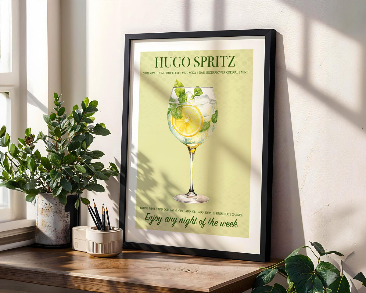 Hugo Spritz Print Cocktail Poster, Aesthetic Poster, Kitchen Artwork Cocktail Print, Bar Decor Drink Lovers Hugo Cocktail Wall Art