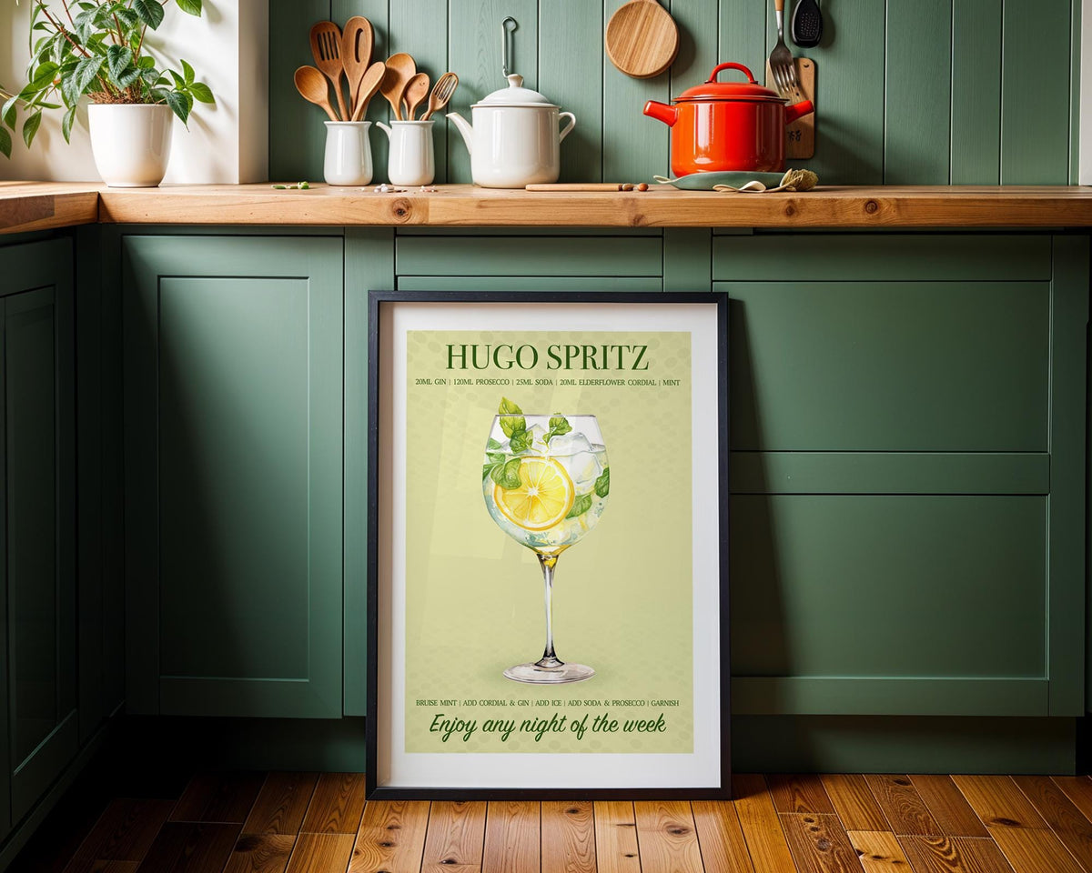 Hugo Spritz Print Cocktail Poster, Aesthetic Poster, Kitchen Artwork Cocktail Print, Bar Decor Drink Lovers Hugo Cocktail Wall Art