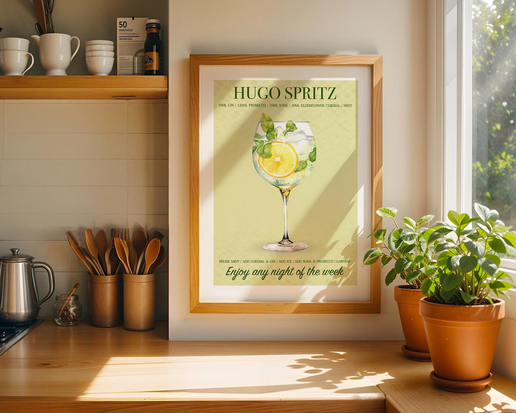 Hugo Spritz Print Cocktail Poster, Aesthetic Poster, Kitchen Artwork Cocktail Print, Bar Decor Drink Lovers Hugo Cocktail Wall Art