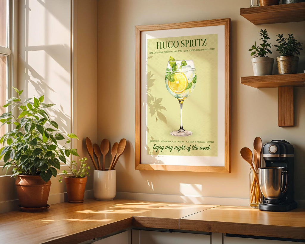 Hugo Spritz Print Cocktail Poster, Aesthetic Poster, Kitchen Artwork Cocktail Print, Bar Decor Drink Lovers Hugo Cocktail Wall Art
