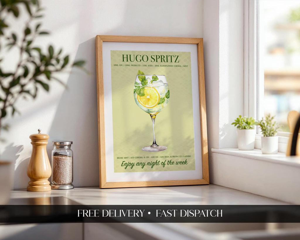 Hugo Spritz Print Cocktail Poster, Aesthetic Poster, Kitchen Artwork Cocktail Print, Bar Decor Drink Lovers Hugo Cocktail Wall Art