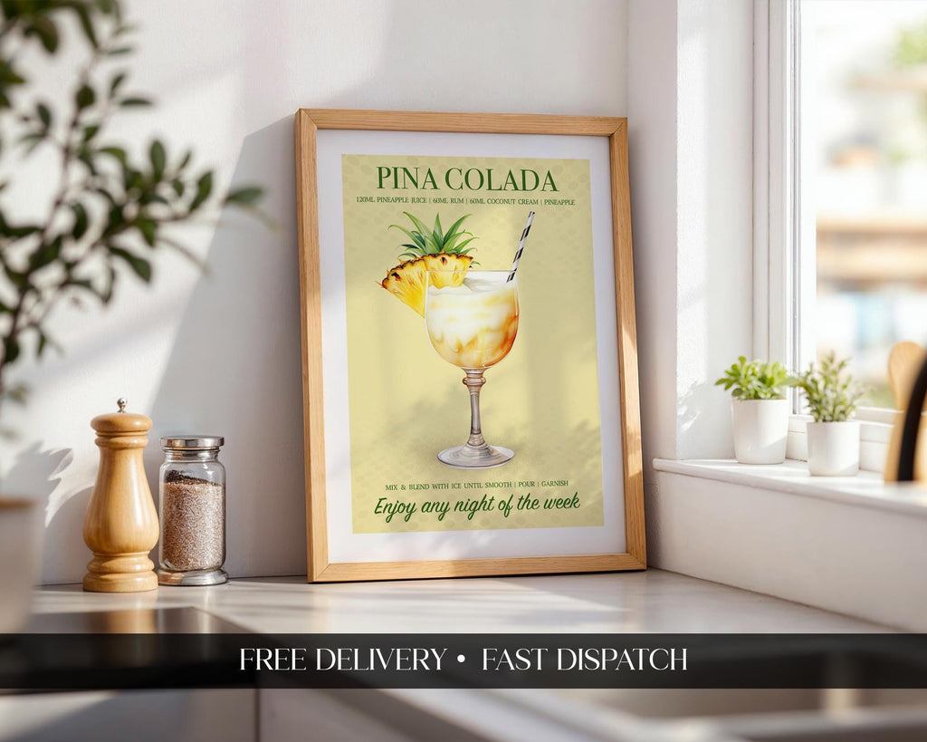 Pina Colada Print, Pina Colada Cocktail, Pina Colada Poster, Cocktail Prints, Cocktail Wall Art Set, Wall Decor Cocktails, Home Bar Prints