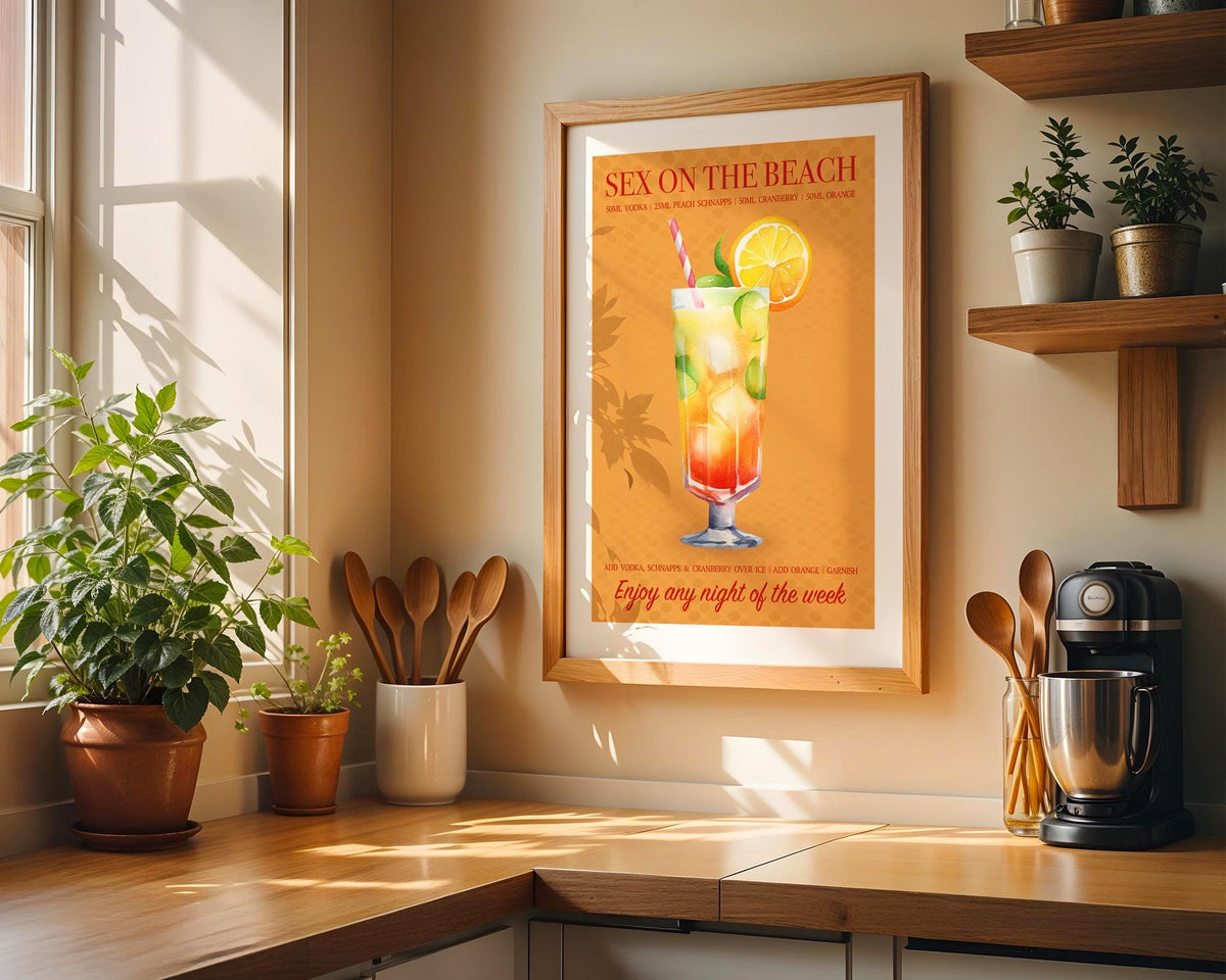Cocktail Print Sex On The Beach, Holiday Cocktail Poster, Kitchen Wall Art, Home Bar Decor, Colourful Retro Home Decor, Girly Bar Cart Art