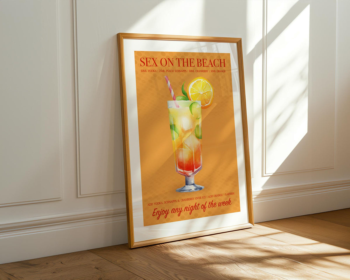 Cocktail Print Sex On The Beach, Holiday Cocktail Poster, Kitchen Wall Art, Home Bar Decor, Colourful Retro Home Decor, Girly Bar Cart Art