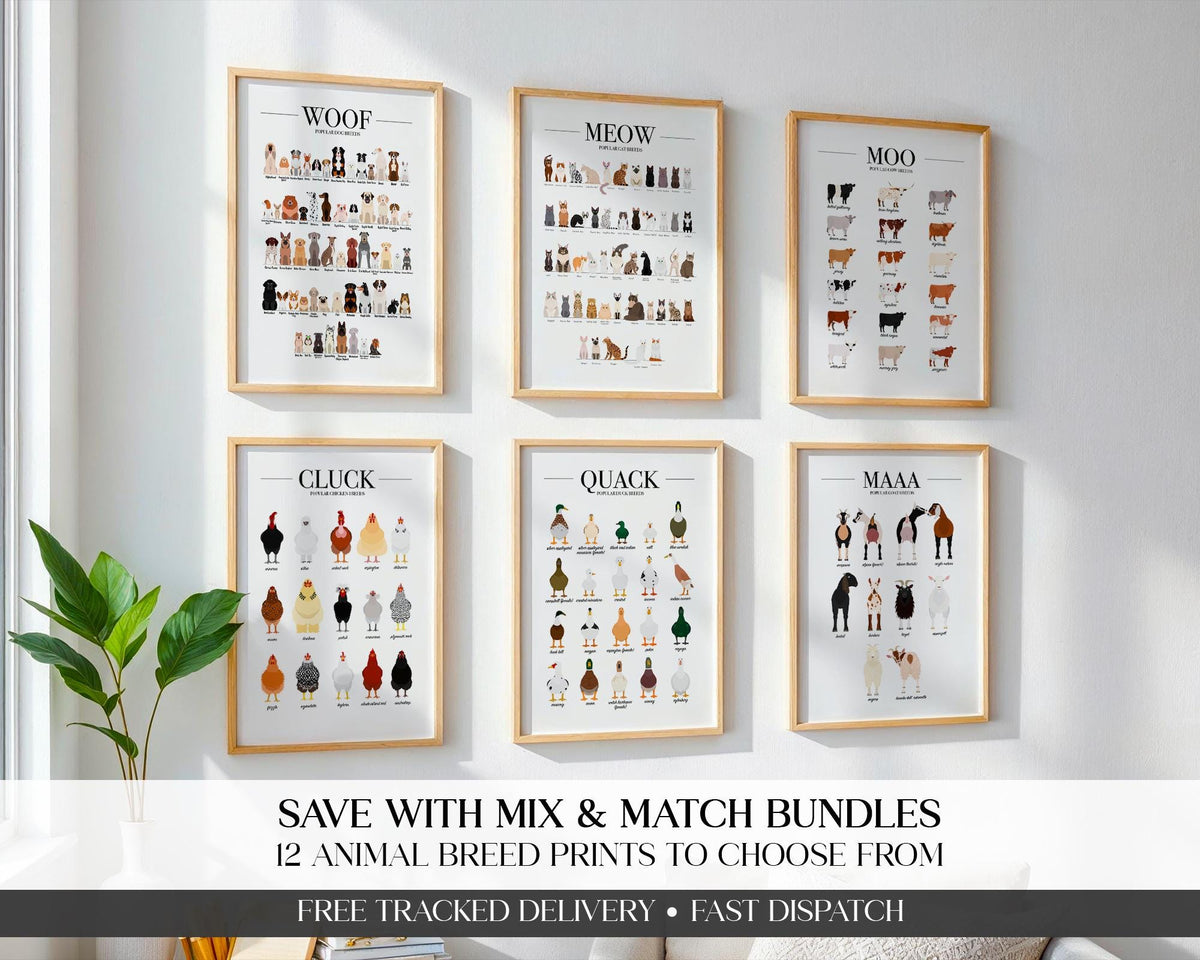 Animal Breeds Poster Bundle, Farm Animal Wall Decor, Farmhouse Wall Art, Dog Breed Gift, Farm Kitchen Prints, Set of 3 Wall Art Prints A4 A3