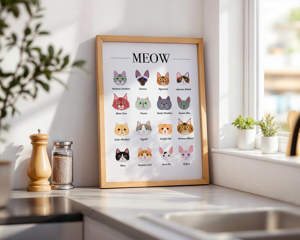 Cat Breeds Wall Art Print: Cat Gifts for Cat Lovers, Cute Cat Illustration Wall Print, Cat themed gift ideas, Cat Lover Wall Print A5 A4 A3