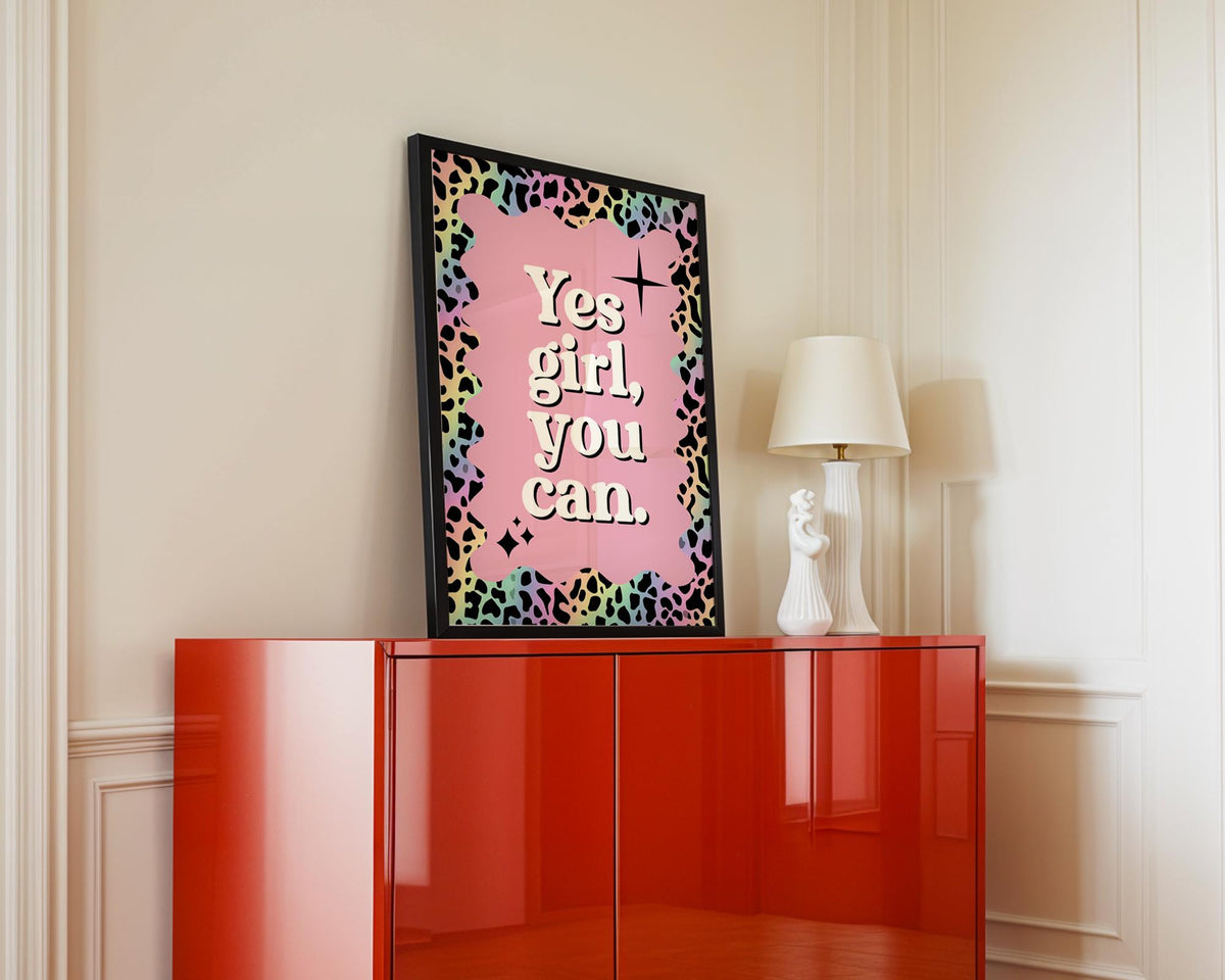 Yes Girl You Can Self Love Wall Print, Rainbow Leopard Print Pink Bedroom Decor, Female Empowerment Typography, Teen Positivity Quote