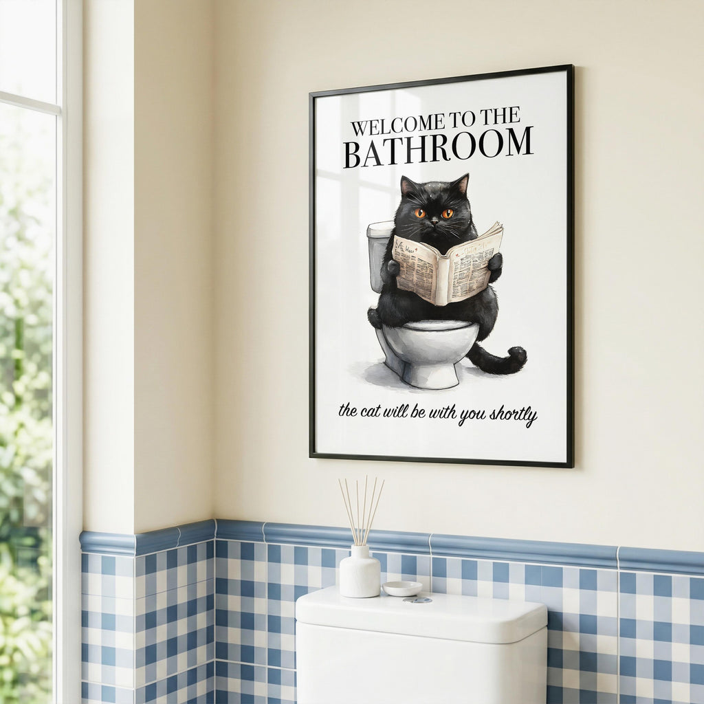 Cat Bathroom Print, Funny Bathroom Poster Cat Reading, Welcome To The Bathroom, Animals on Toilet Print, Toilet Poster Funny Animal A5 A4 A3