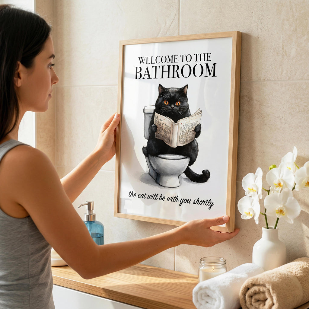 Cat Bathroom Print, Funny Bathroom Poster Cat Reading, Welcome To The Bathroom, Animals on Toilet Print, Toilet Poster Funny Animal A5 A4 A3