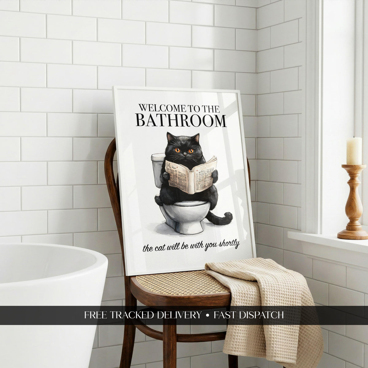 Cat Bathroom Print, Funny Bathroom Poster Cat Reading, Welcome To The Bathroom, Animals on Toilet Print, Toilet Poster Funny Animal A5 A4 A3